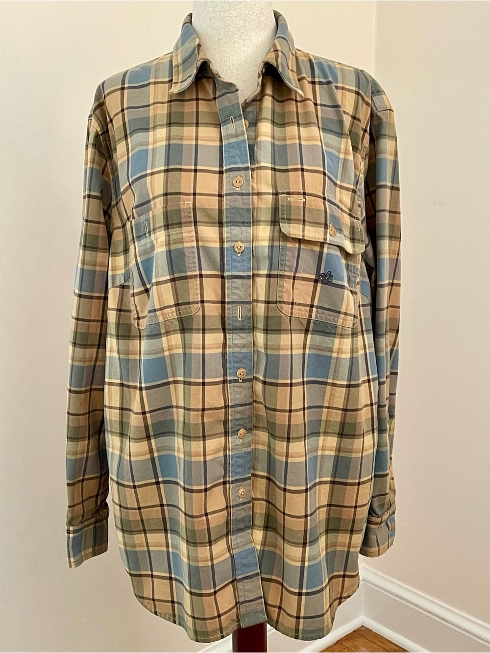 Lauren Ralph Lauren Plaid Button Down Shirt 1X Blue Tan Cotton